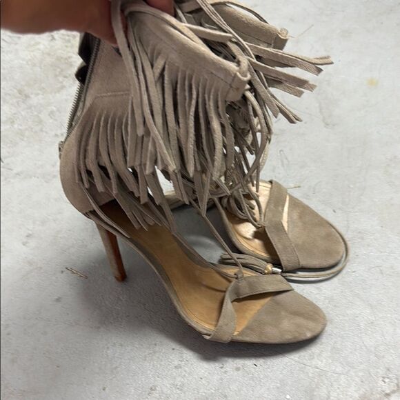 Fringed Tan High Heel Sandals - Schutz Heels - Women's 8.5 Excellent Condition - Picture 1 of 4